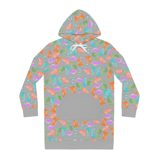 Womens Hoodie Dress Rainbow Dinos Light Grey