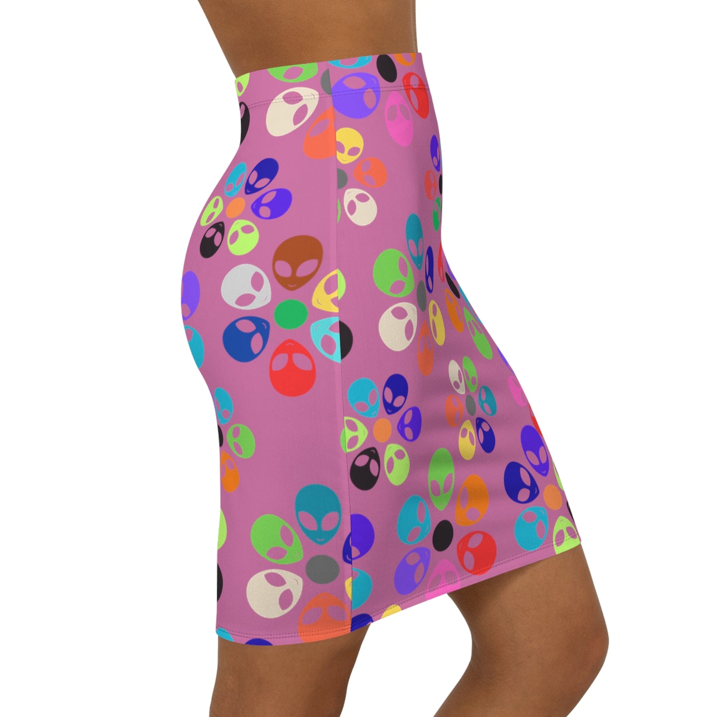 Colorful Alien Print Pencil Skirt Fun Trendy Skirt for Parties Women’s Everyday Wear Quirky Fashion Unique Gift Idea Alien Rainbow Flowers Light Pink