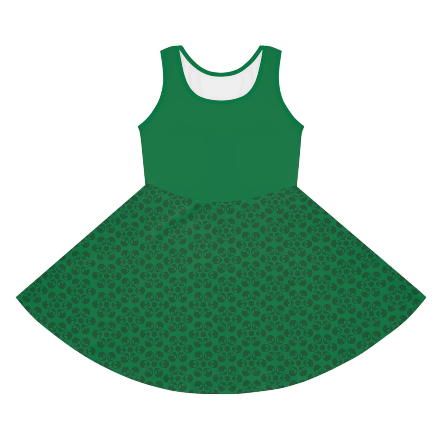 Girls Floral Sleeveless Sundress Cute Summer Dress Kids Fashion Birthday Outfit Playful Floral Pattern Spring Dress Alien Flowers Dark Green