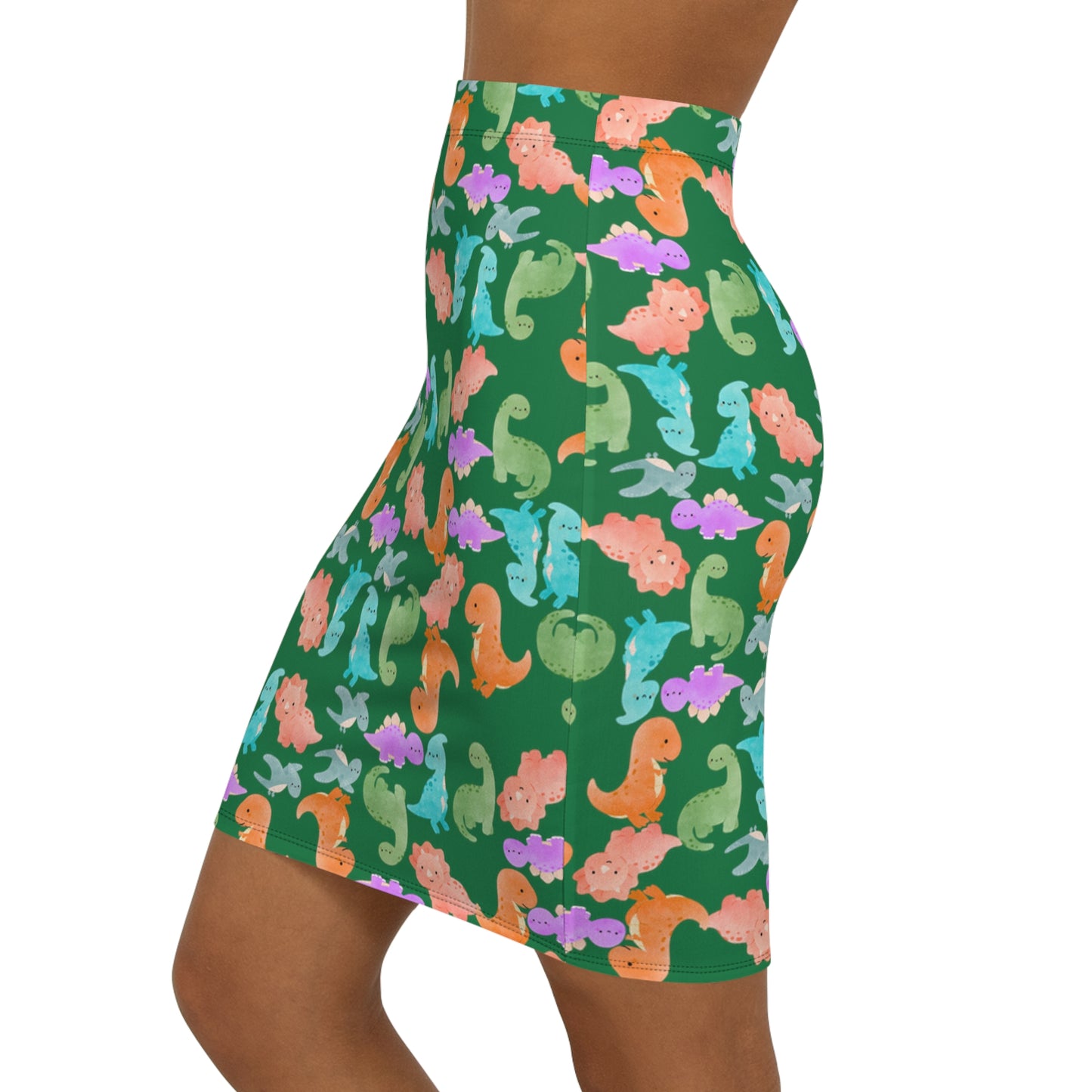 Dinosaur Print MidWaist Pencil Skirt for Fun and Playful Style Womens Skirt Cute Skirt Fashionable Skirt Casual Skirt Gift Idea Rainbow Dinos Dark Green