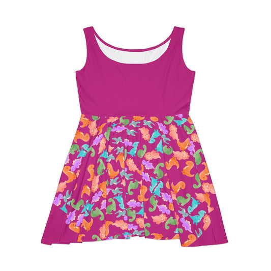 Colorful Dino Womens Skater Dress Summer Outfit Party Dress Casual Dress Boho Dress Festival Wear Rainbow Dinos Pink