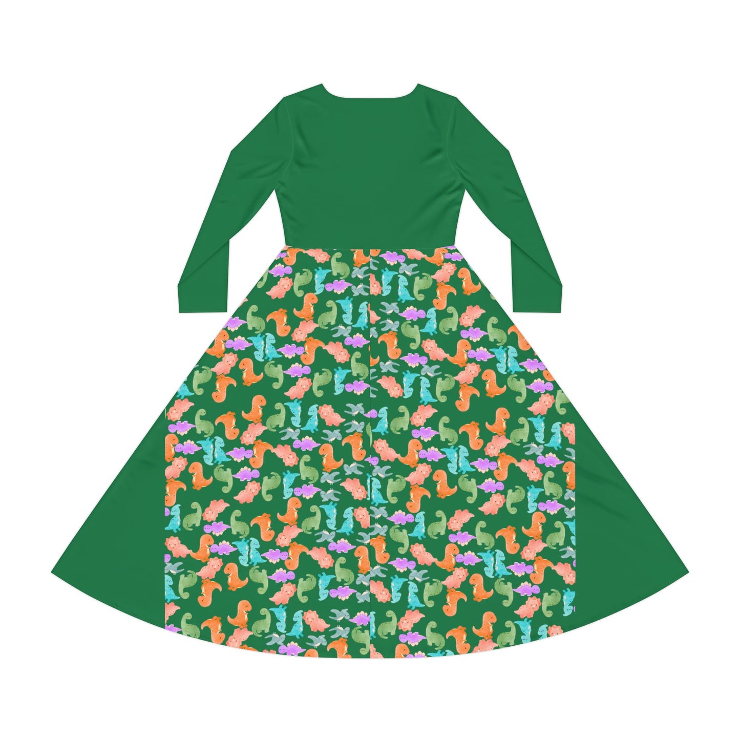 Colorful Long Sleeve Dance Dress Perfect for Parties Dance Events Spring Celebrations Playful Kids Dress Trendy Casual Wear Rainbow Dinos Dark Green