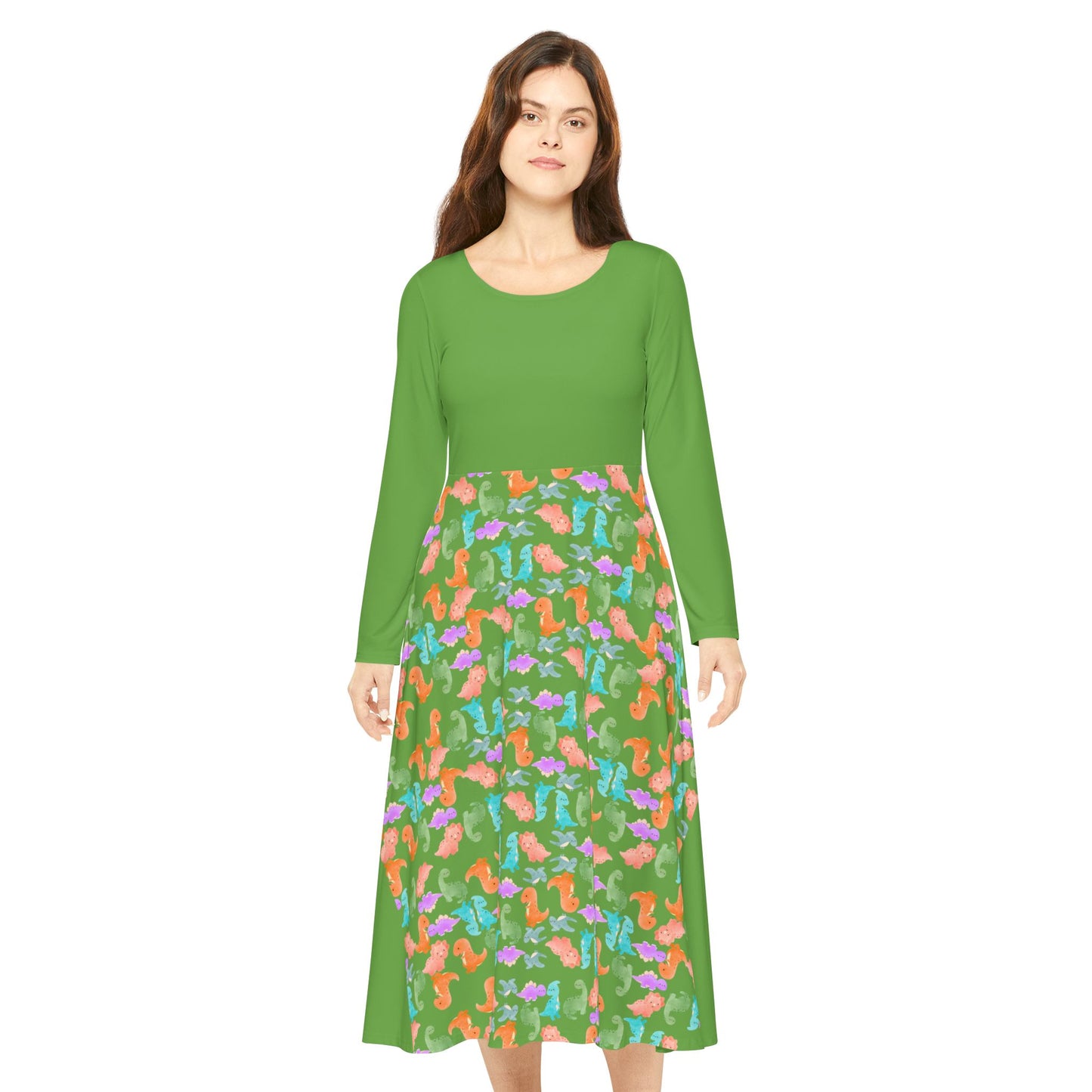 Colorful Long Sleeve Dance Dress Perfect for Parties Dance Events Spring Celebrations Playful Kids Dress Trendy Casual Wear Rainbow Dinos Green