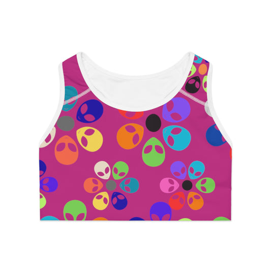 Colorful Floral Print Sports Bra for Activewear Workout Gear Gift for Her Yoga Top Festival Wear Alien Rainbow Flowers Pink