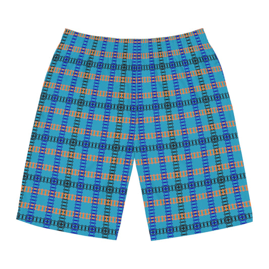 Vibrant Mens Board Shorts Perfect for Summer Beach Days and Pool Parties | Stylish Swimwear Train Tracks Turquoise