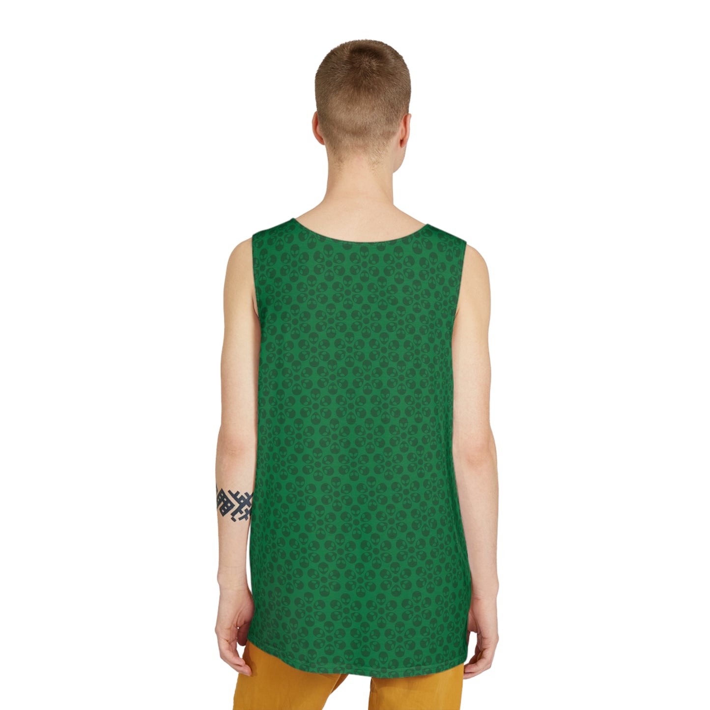 Stylish Mens Tank Top  AOP Leopard Print Summer Wear Fitness Gear Casual Apparel Trendy Vacation Outfit Alien Flowers Dark Green