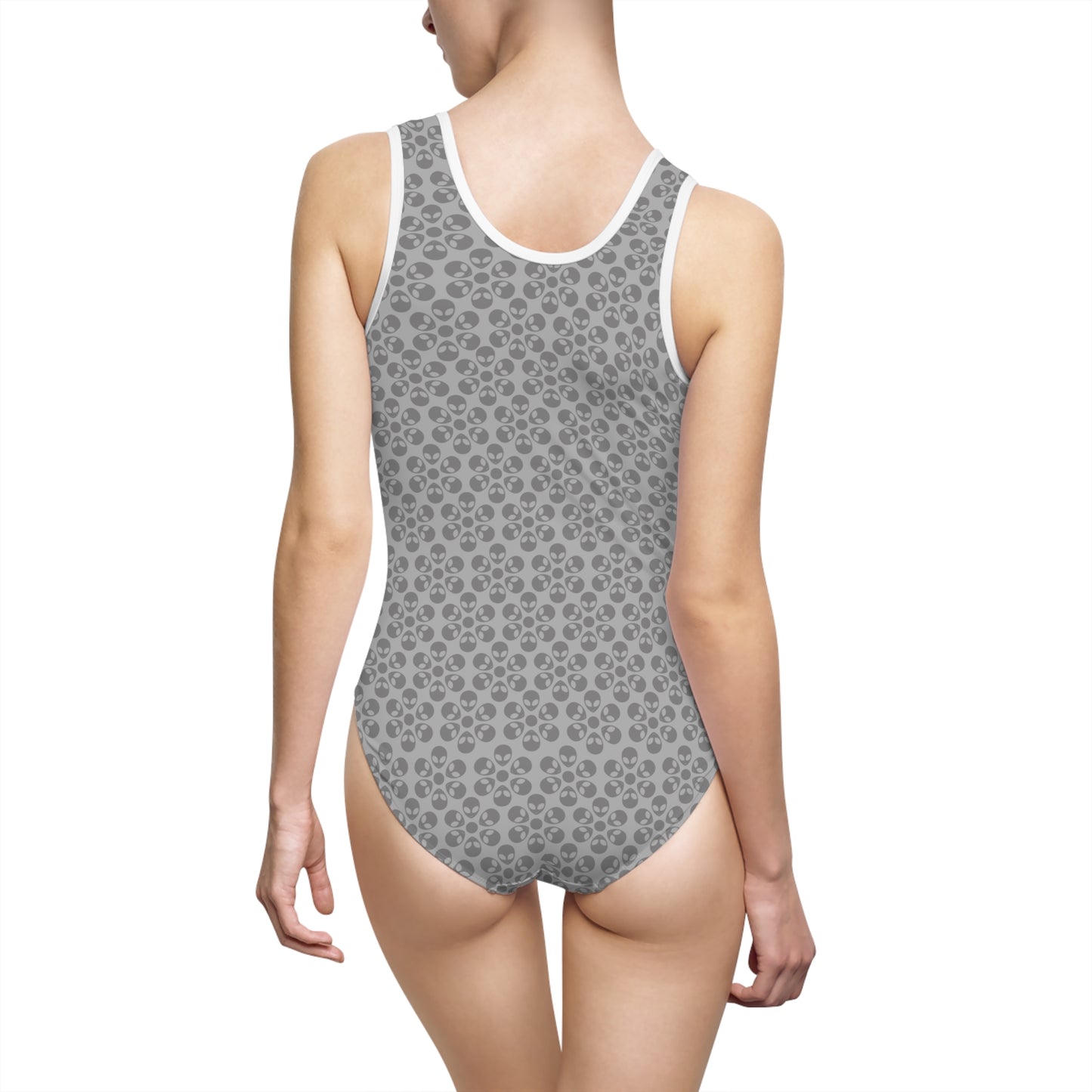 Chic Floral Womens Swimsuit Retro Bathing Suit Summer Pool Apparel Beachwear Vacation Essential Alien Flowers Light Grey