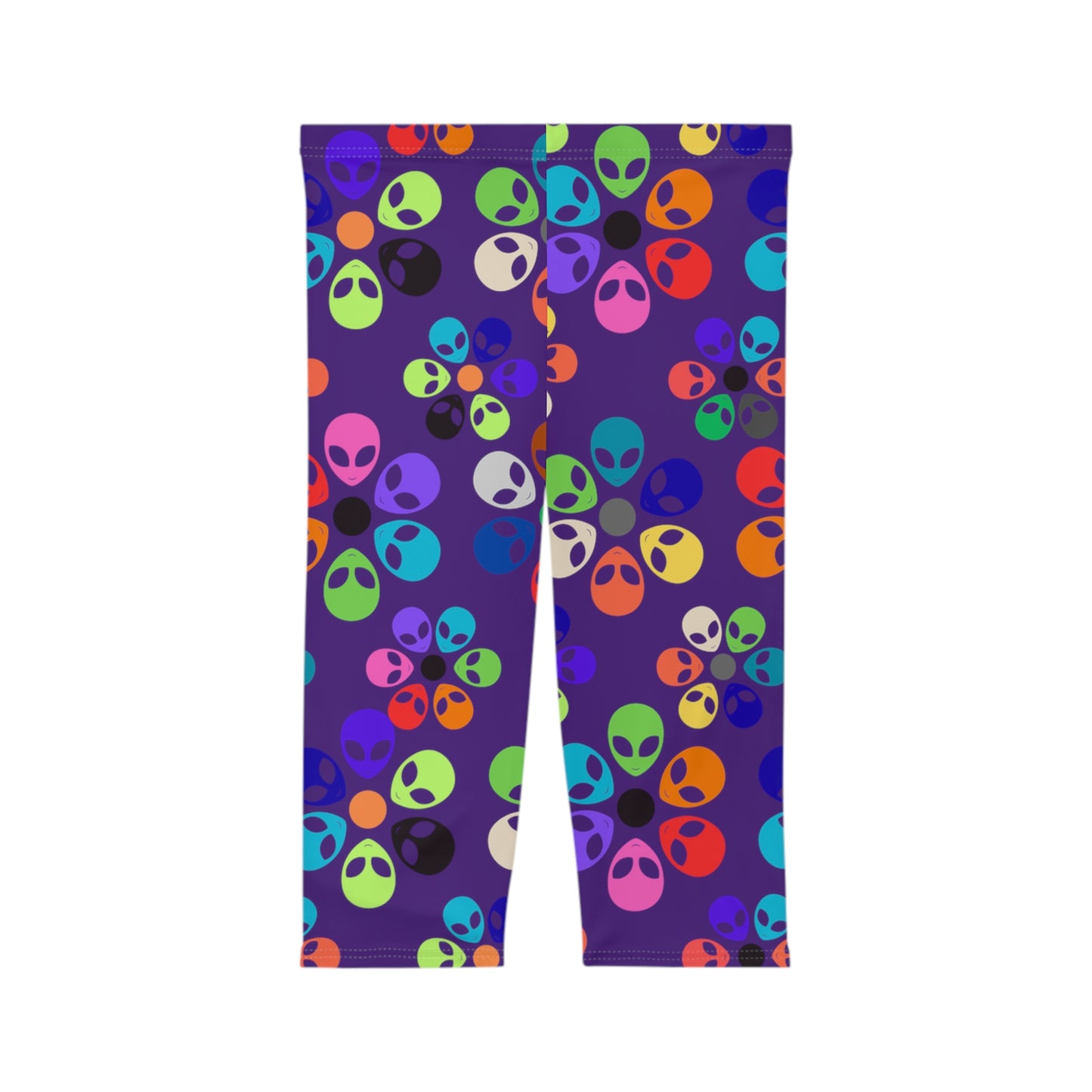 Vibrant Alien Print Capri Leggings for Women Fun Workout Pants Festival Wear Casual Summer Stylish Leggings Unique Gift Idea Alien Rainbow Flowers Purple