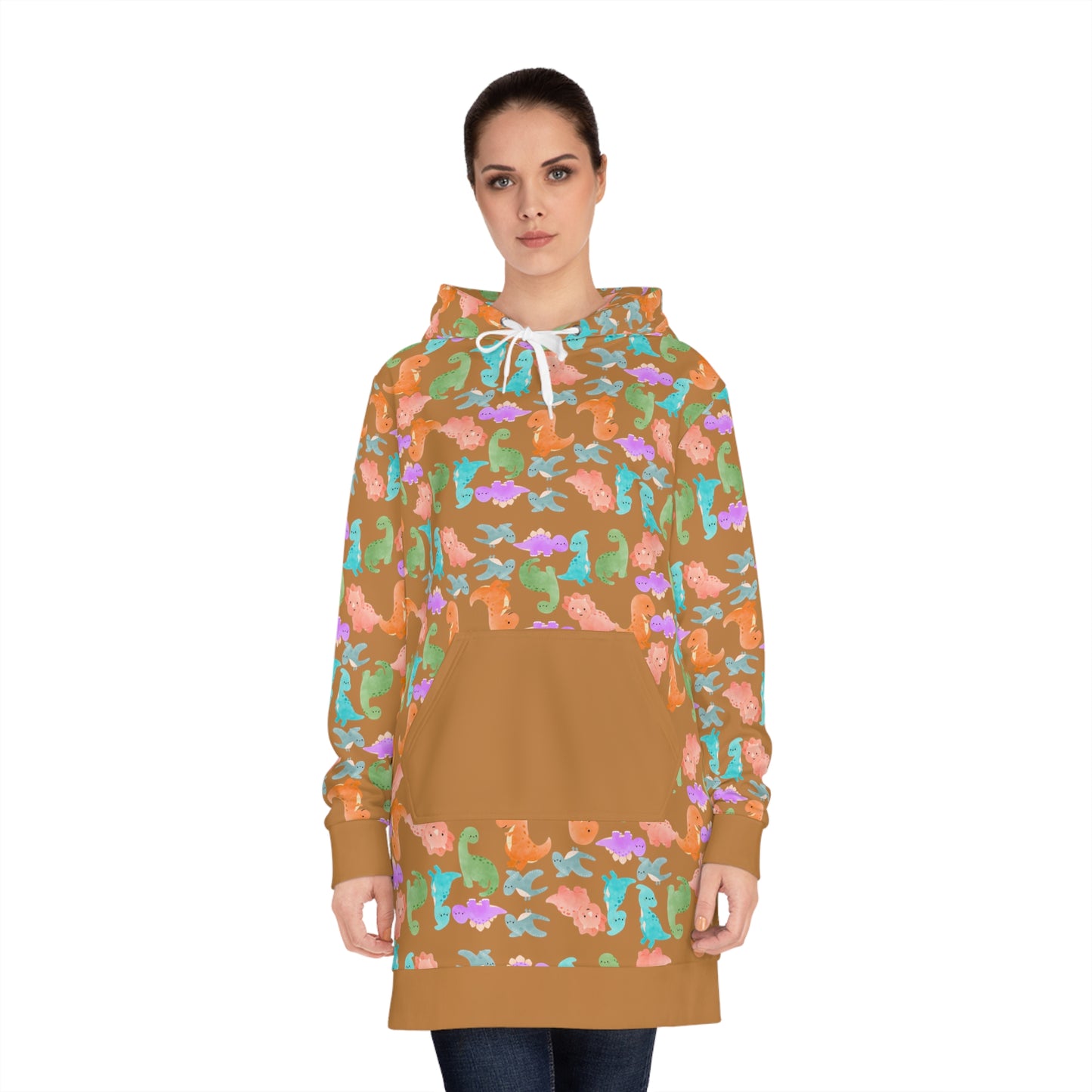 Womens Hoodie Dress Rainbow Dinos Light Brown
