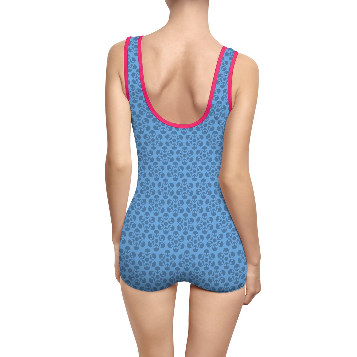 Womens Vintage Swimsuit  Alien Flowers Light Blue