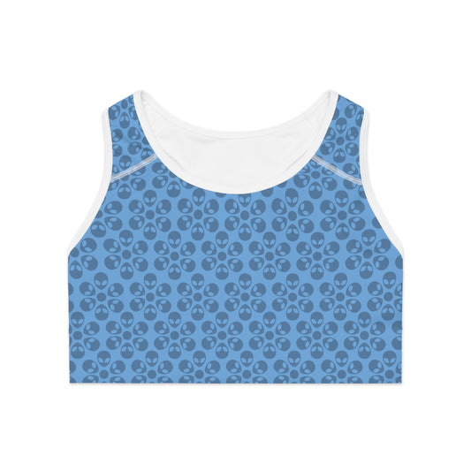 Trendy Floral Pattern Sports Bra Workout Bra for Women Fitness Gear Yoga Top Gym Wear Gift for Athletes Alien Flowers Light Blue