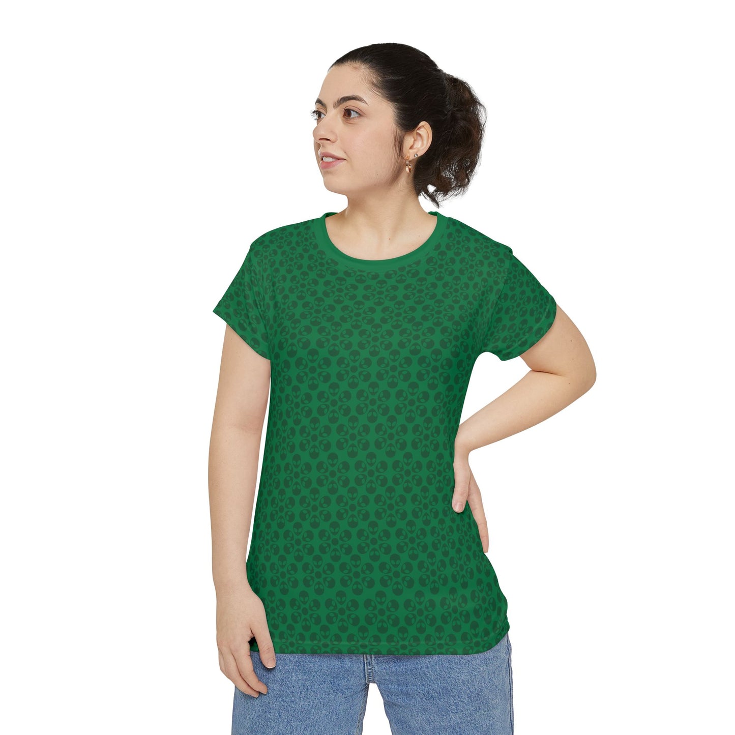 Womens Short Sleeve Shirt Alien Flowers Dark Green