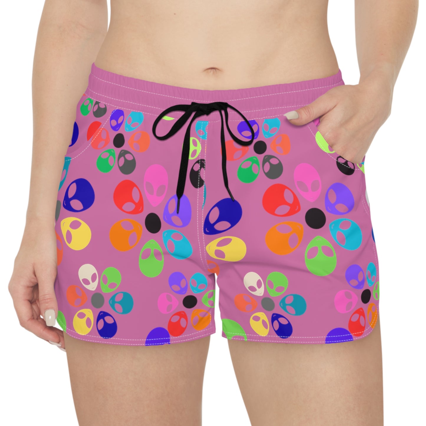 Colorful Alien Print Casual Shorts for Women | Fun Summer Activewear | Festival Fashion Beachwear Vacation Outfit Gift Idea Alien Rainbow Flowers Light Pink