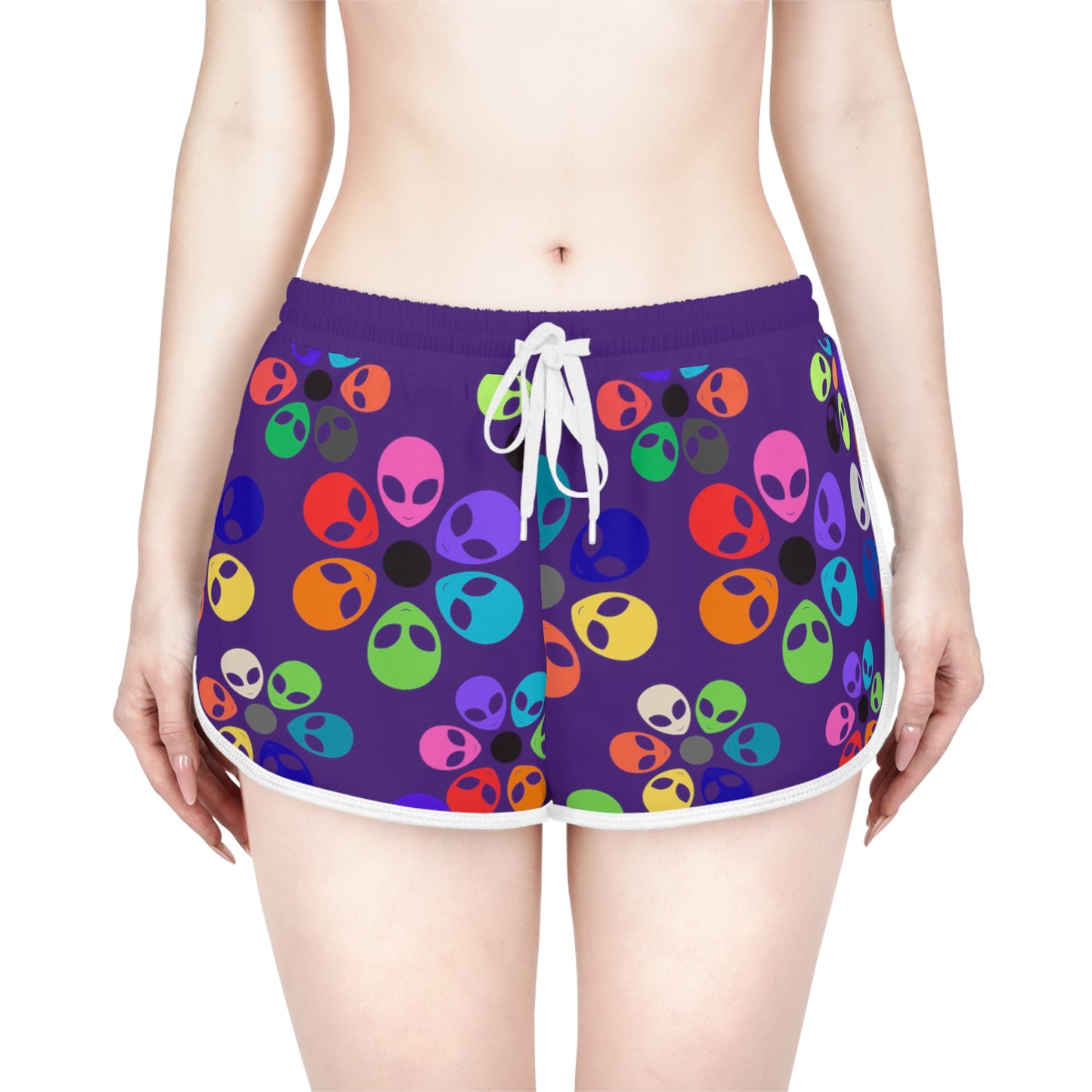 Colorful Alien Flower Print Womens Relaxed Shorts Summer Loungewear Beachwear Festival Outfit Casual Comfort Alien Rainbow Flowers Purple