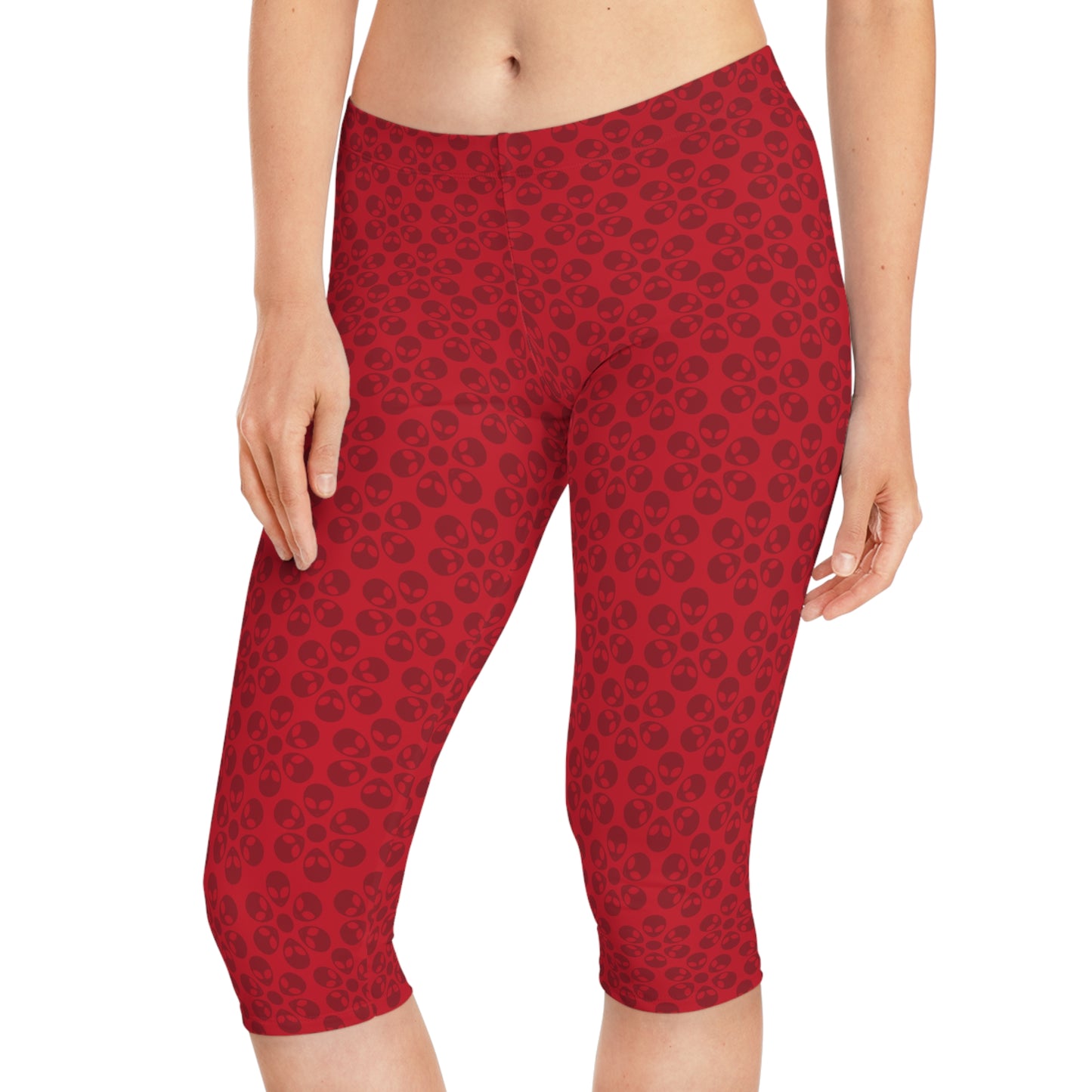 Womens Capri Leggings Alien Flowers Dark Red