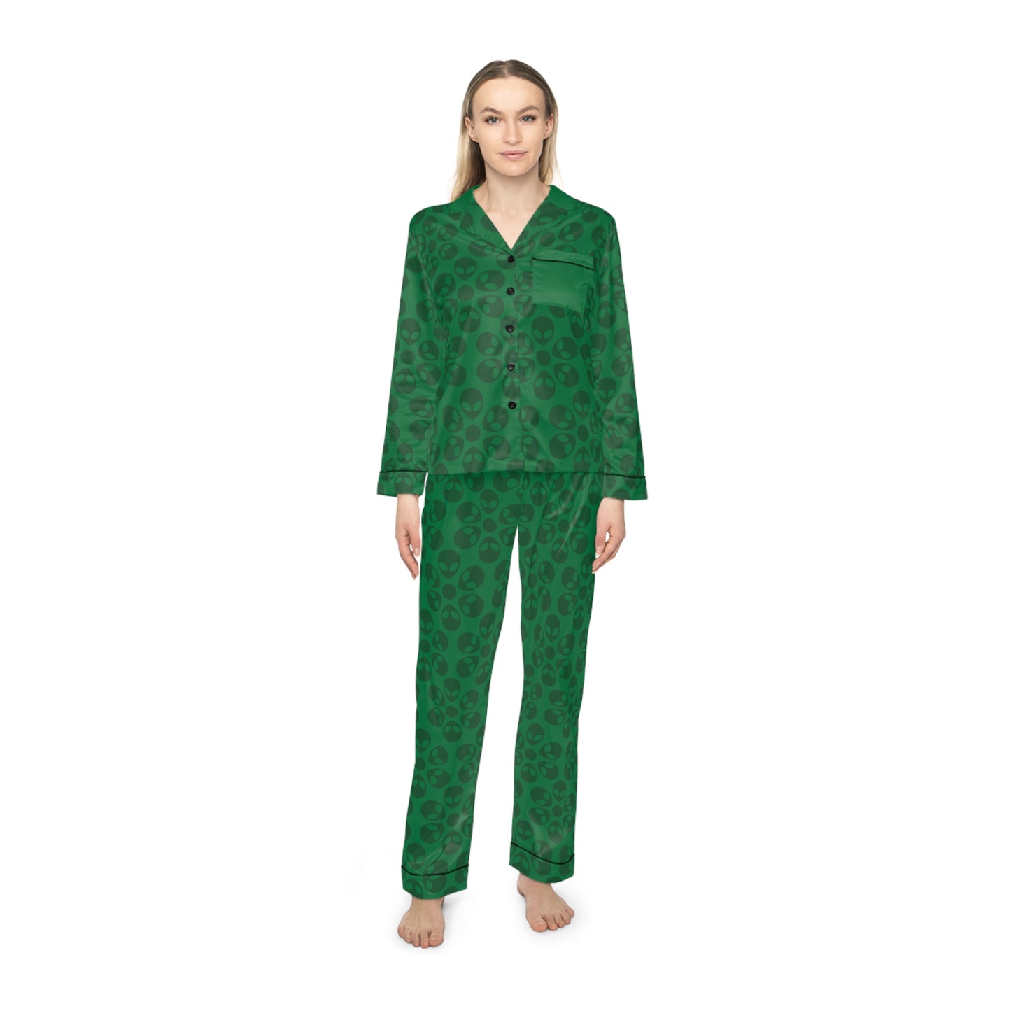 Womens Satin Pajamas  Alien Flowers Dark Green