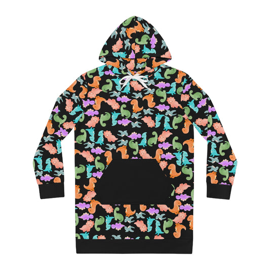 Womens Hoodie Dress Rainbow Dinos Black