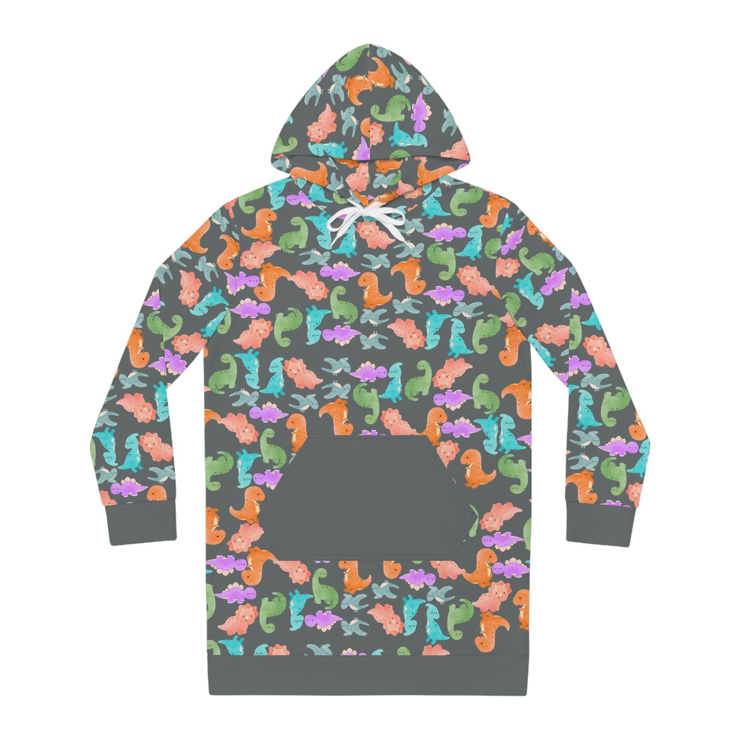 Womens Hoodie Dress Rainbow Dinos Dark Grey