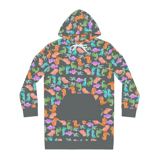 Womens Hoodie Dress Rainbow Dinos Dark Grey