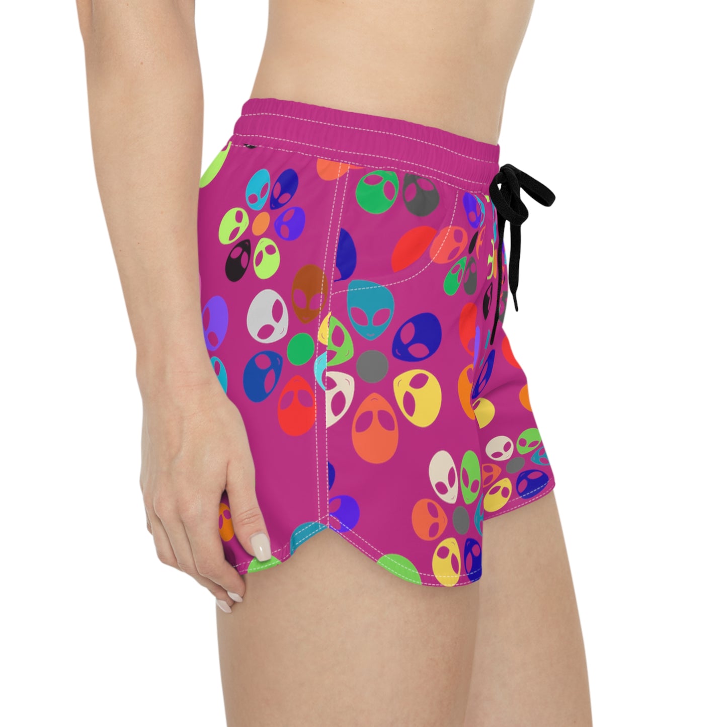 Colorful Alien Print Casual Shorts for Women | Fun Summer Activewear | Festival Fashion Beachwear Vacation Outfit Gift Idea Alien Rainbow Flowers Pink