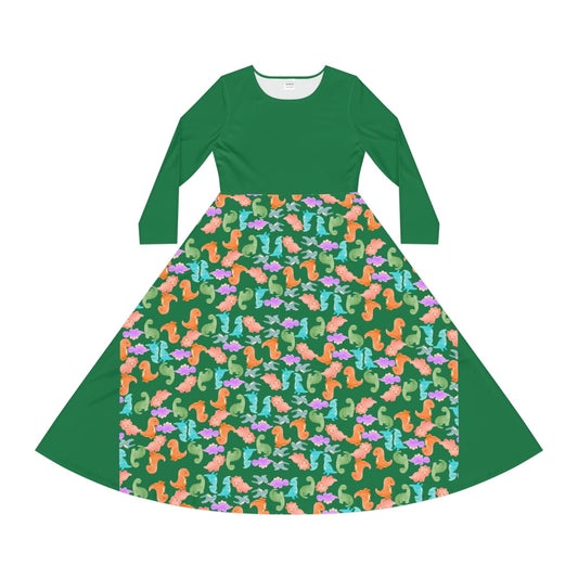 Colorful Long Sleeve Dance Dress Perfect for Parties Dance Events Spring Celebrations Playful Kids Dress Trendy Casual Wear Rainbow Dinos Dark Green