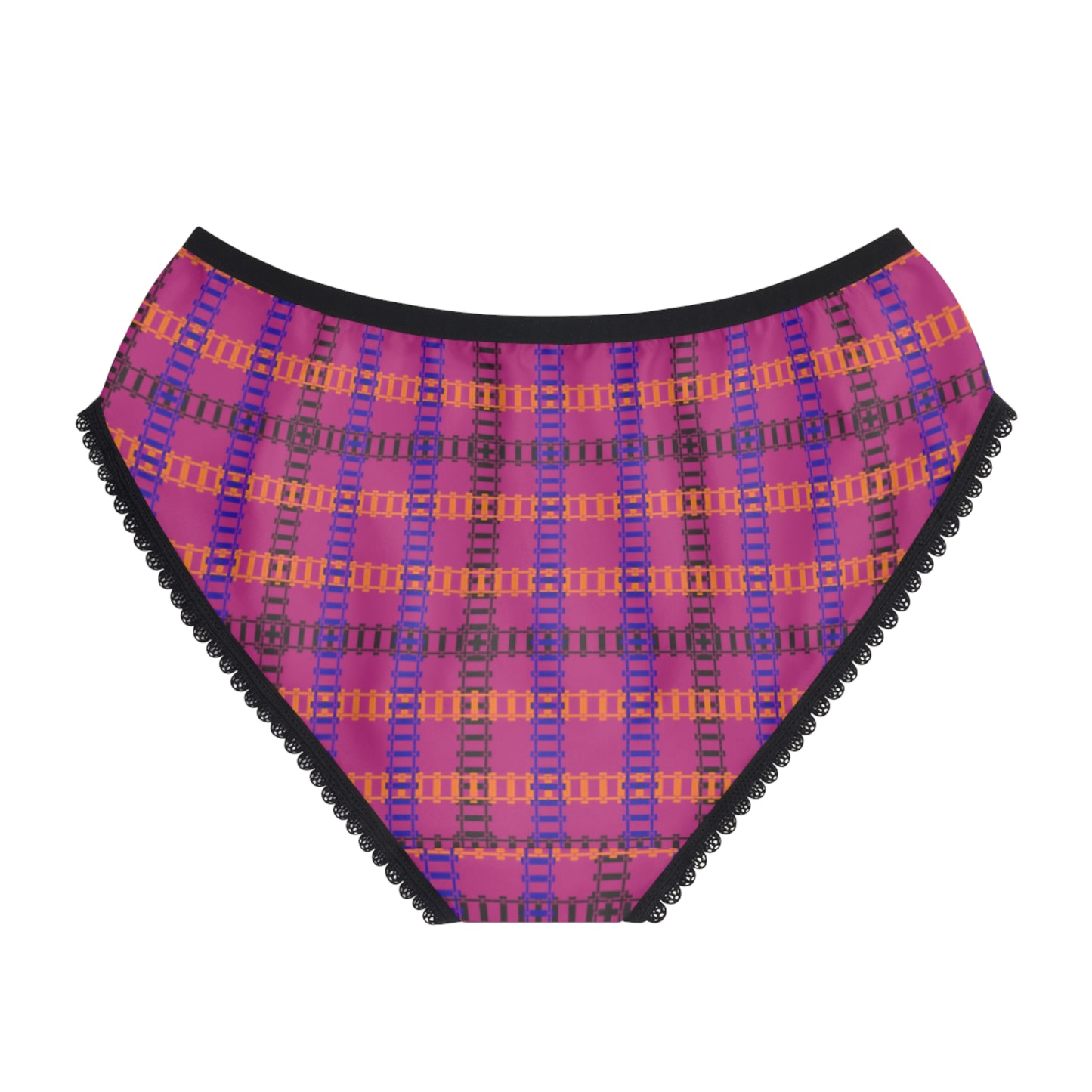 Colorful Patterned Womens Briefs with Lace Trim Comfortable Everyday Panties Unique Gifts for Her Fashionable Loungewear Fun and [...] Train Tracks Pink