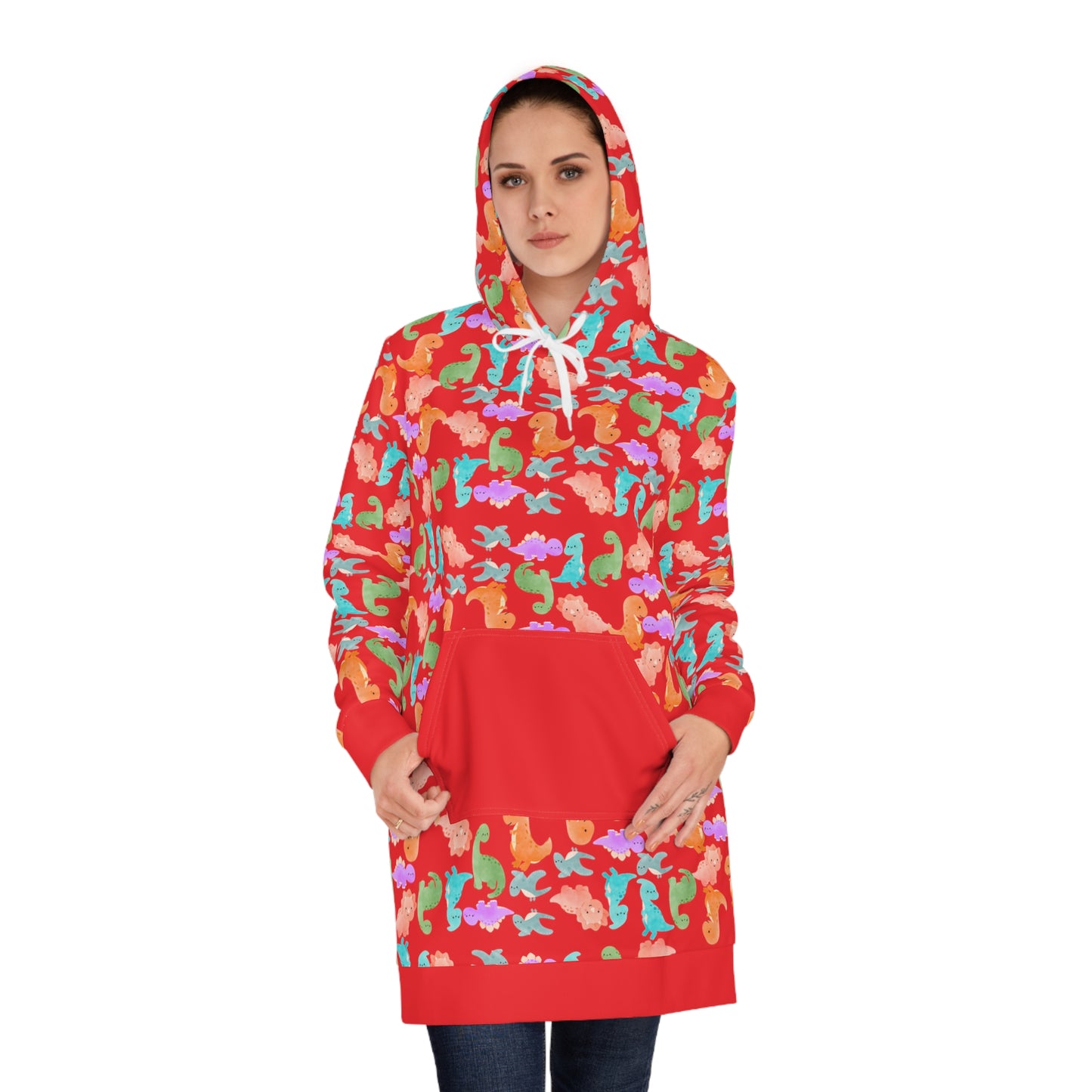 Womens Hoodie Dress Rainbow Dinos Red