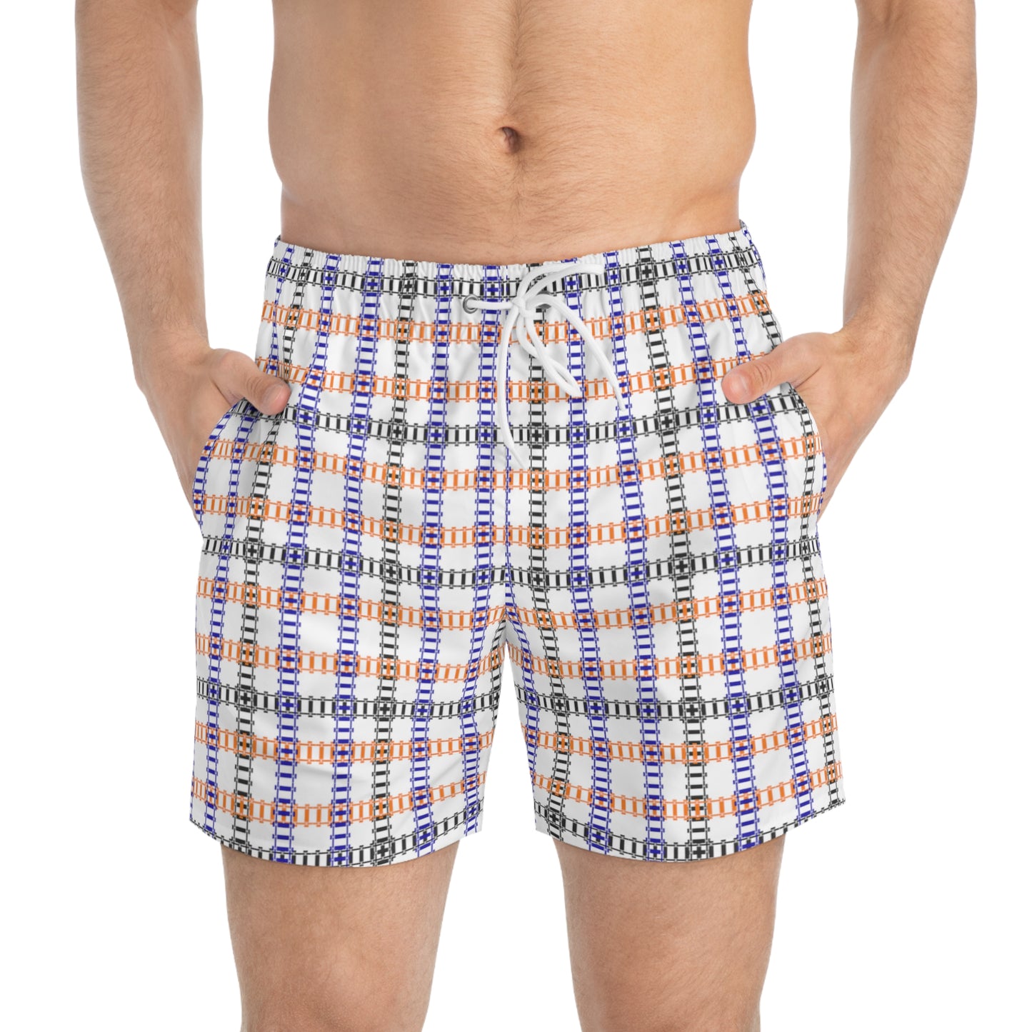 Vibrant Checkered Swim Trunks Beachwear for Summer Fun Vacation Essential Pool Party MustHave Mens Swim Shorts Train Tracks White