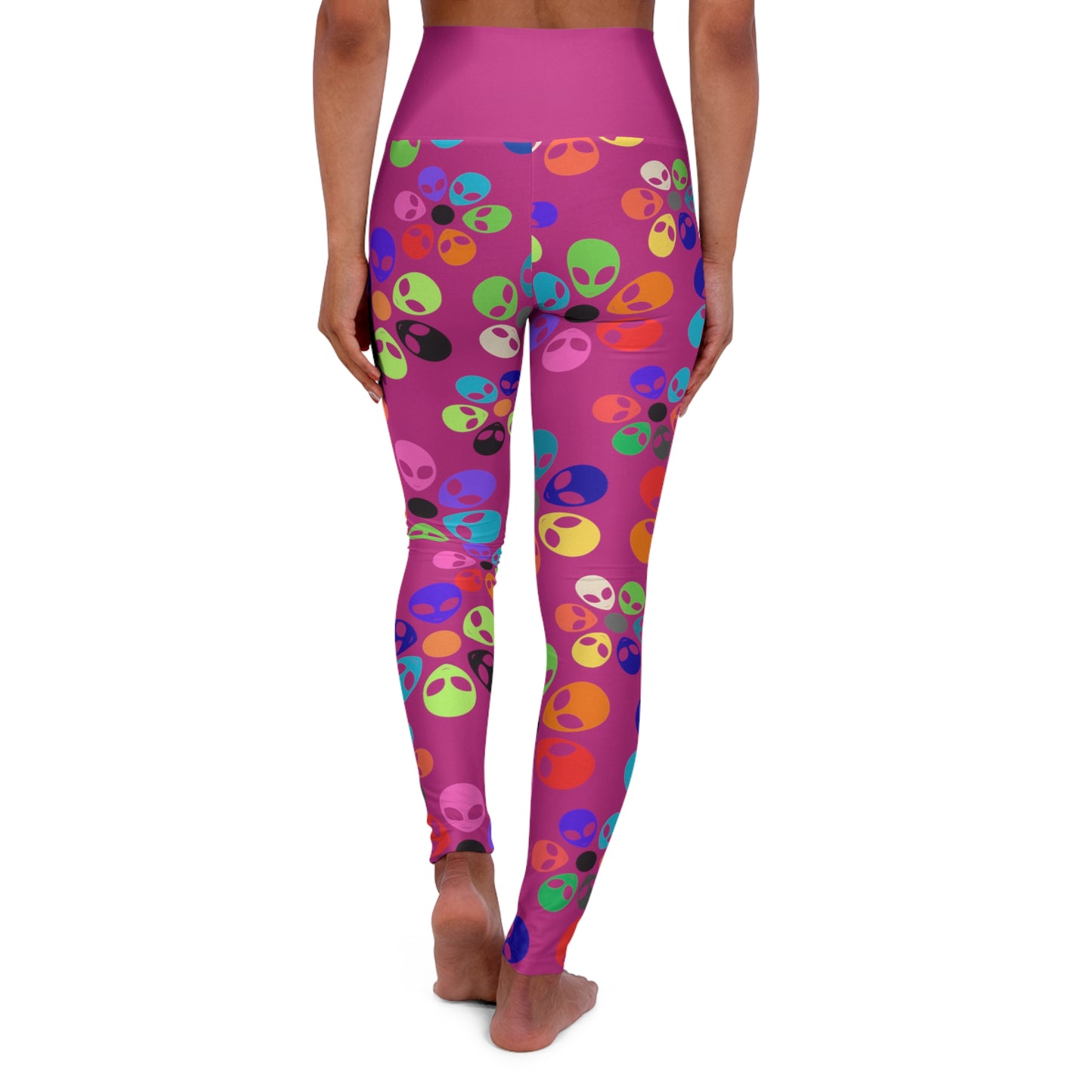 Colorful Alien Print High Waisted Yoga Leggings | Unique Workout Leggings Fitness Apparel Activewear Gifts for Yogis Alien Rainbow Flowers Pink