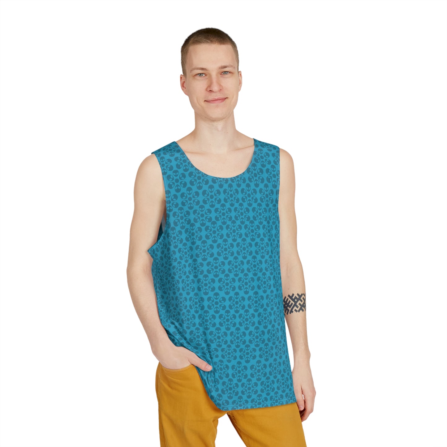 Stylish Mens Tank Top  AOP Leopard Print Summer Wear Fitness Gear Casual Apparel Trendy Vacation Outfit Alien Flowers Turquoise