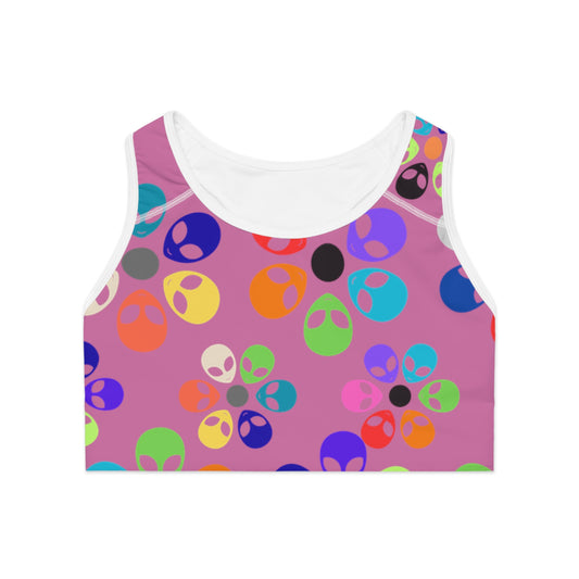 Colorful Floral Print Sports Bra for Activewear Workout Gear Gift for Her Yoga Top Festival Wear Alien Rainbow Flowers Light Pink