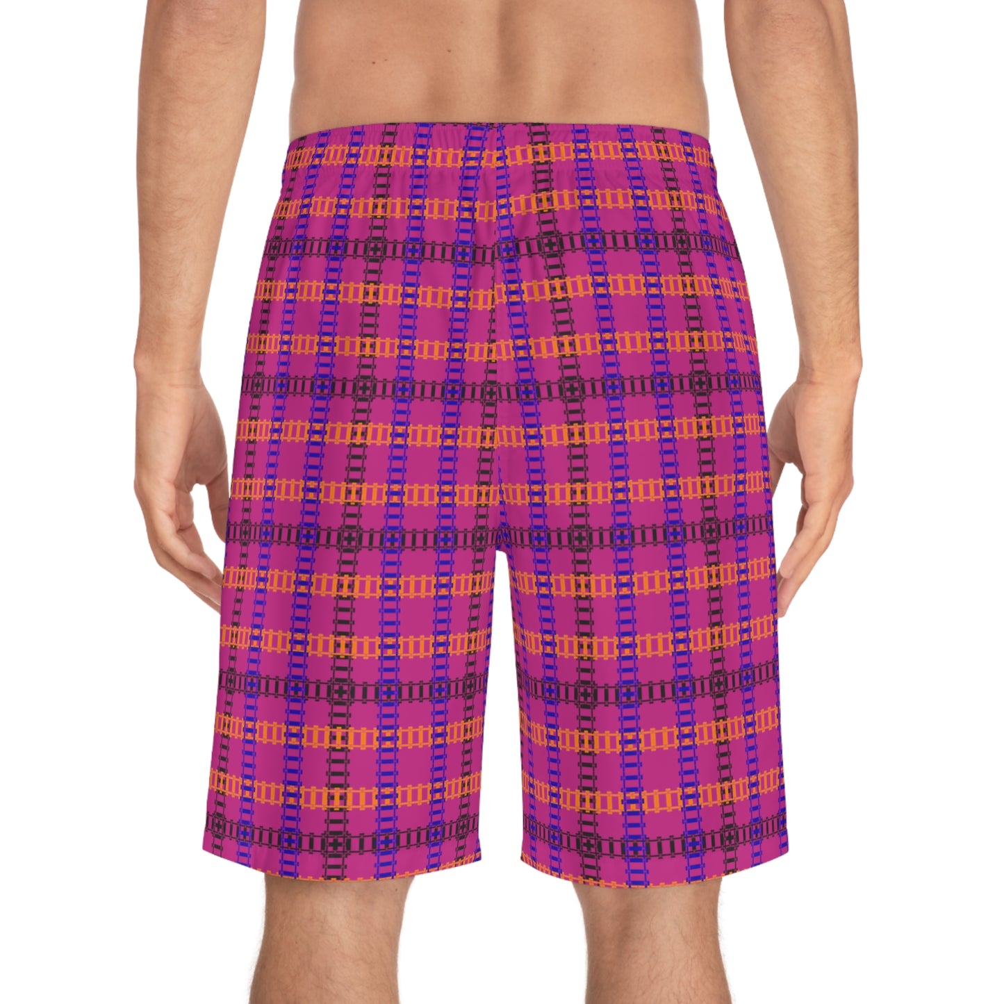 Vibrant Mens Board Shorts Perfect for Summer Beach Days and Pool Parties | Stylish Swimwear Train Tracks Pink