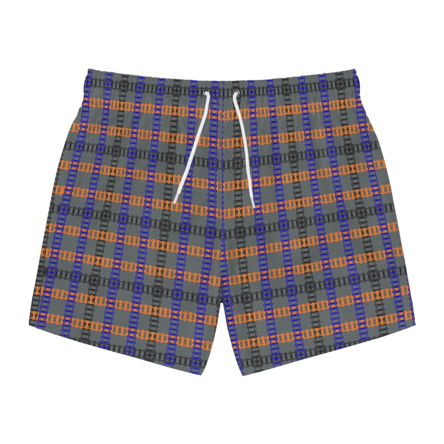 Vibrant Checkered Swim Trunks Beachwear for Summer Fun Vacation Essential Pool Party MustHave Mens Swim Shorts Train Tracks Dark Grey