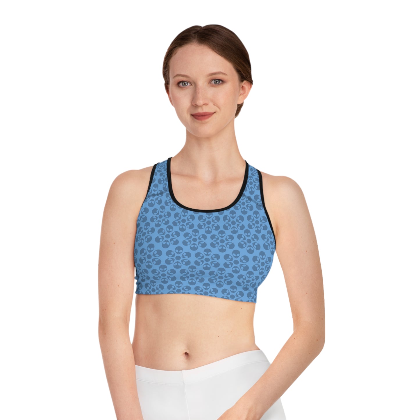 Trendy Floral Pattern Sports Bra Workout Bra for Women Fitness Gear Yoga Top Gym Wear Gift for Athletes Alien Flowers Light Blue