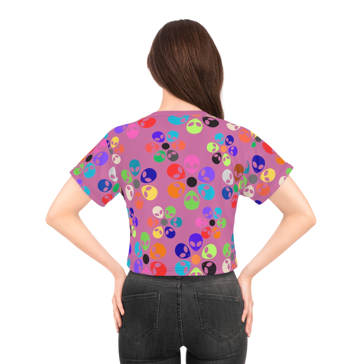 Colorful Alien Print Crop Tee Fun Crop Top Gift for UFO Lovers Casual Summer Tee Trendy Graphic Shirt Unique Festival Wear Alien Rainbow Flowers Light Pink