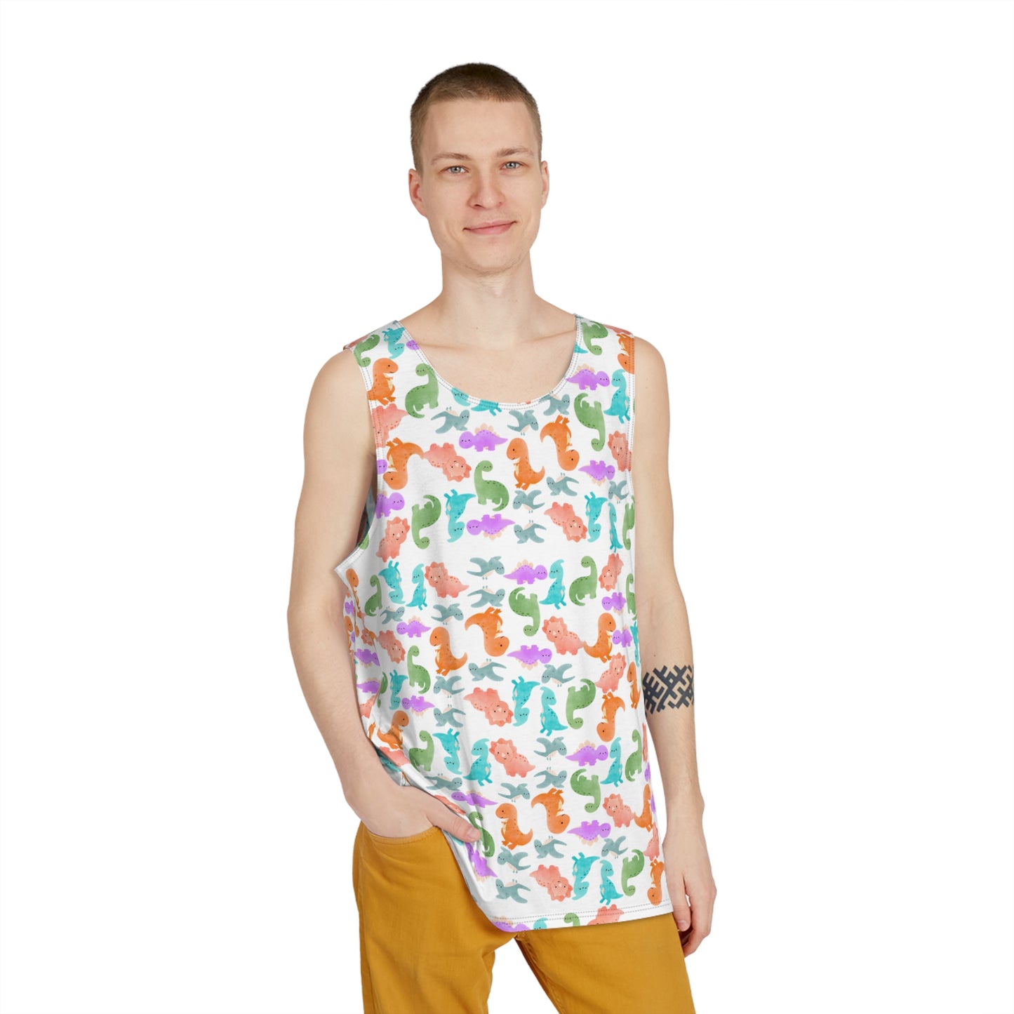 Colorful Dino Mens Tank Top Summer Vibes Beachwear Festival Fashion Casual Clothing Graphic AOP Tee Rainbow Dinos Pink