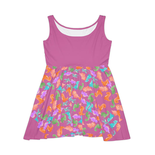 Colorful Dino Womens Skater Dress Summer Outfit Party Dress Casual Dress Boho Dress Festival Wear Rainbow Dinos Light Pink