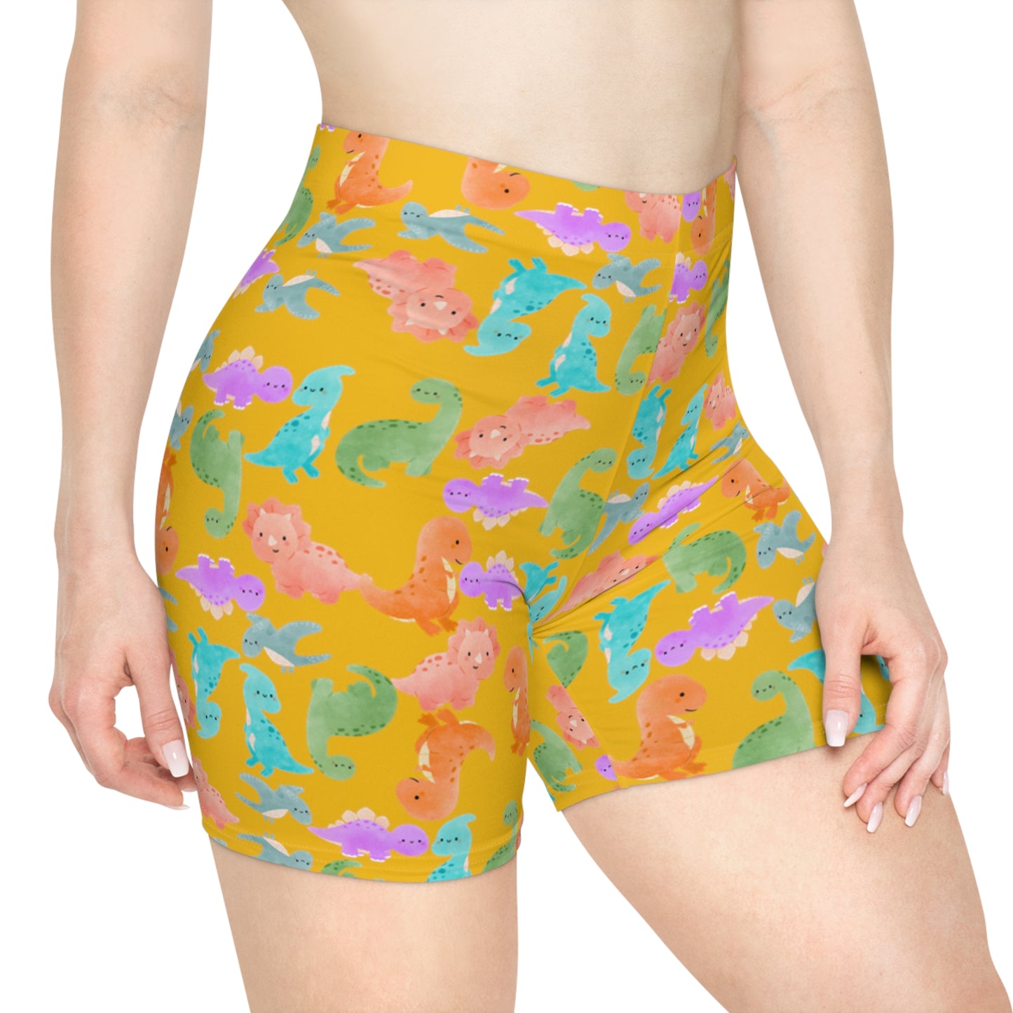Colorful Dinosaur Womens Biker Shorts  AOP Perfect for Casual Wear workout Summer Birthdays Playdates Unique Gift Rainbow Dinos Yellow