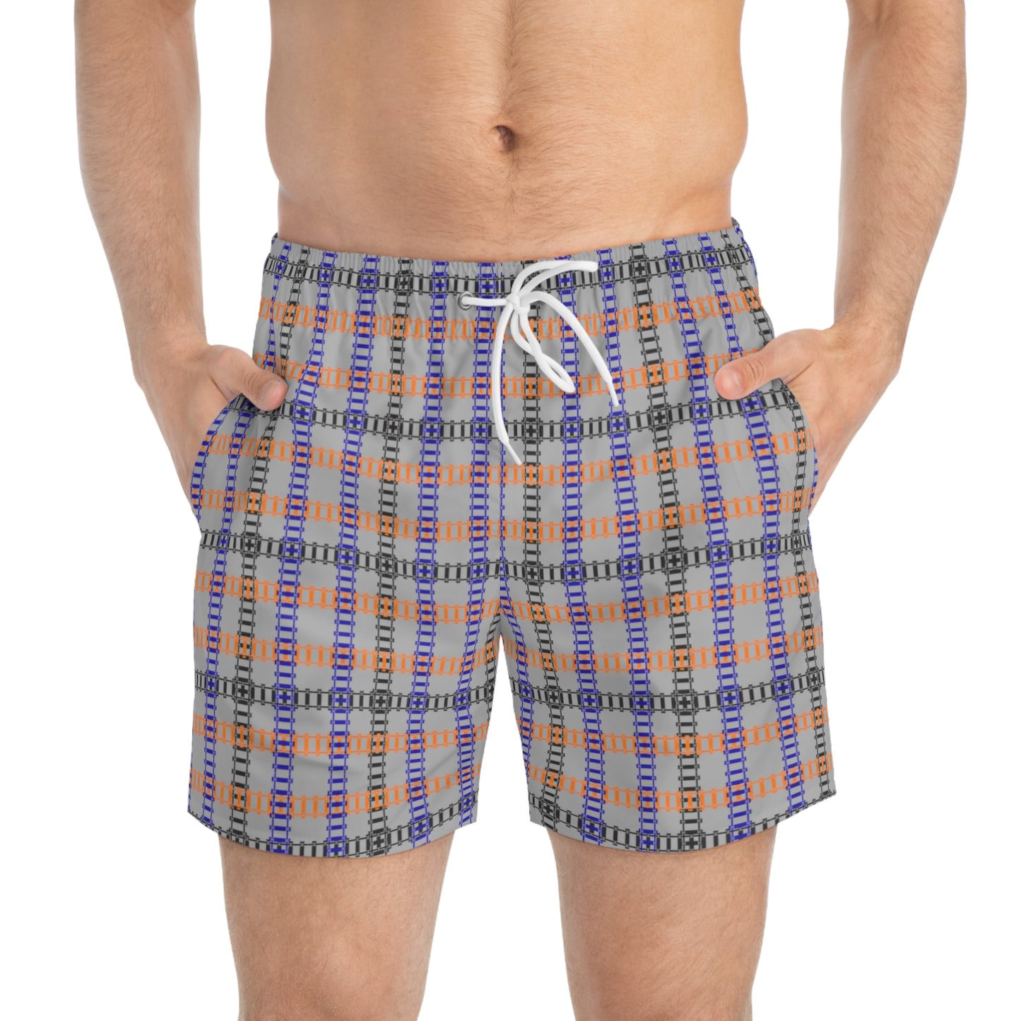 Vibrant Checkered Swim Trunks Beachwear for Summer Fun Vacation Essential Pool Party MustHave Mens Swim Shorts Train Tracks Light Grey