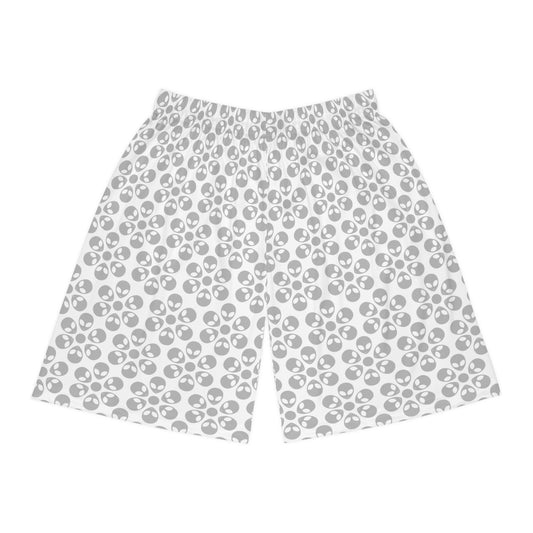 Trendy Skull Pattern Basketball Shorts Summer Activewear Sports Apparel Casual Wear Beach Shorts Gift for Basketball Lovers Alien Flowers White