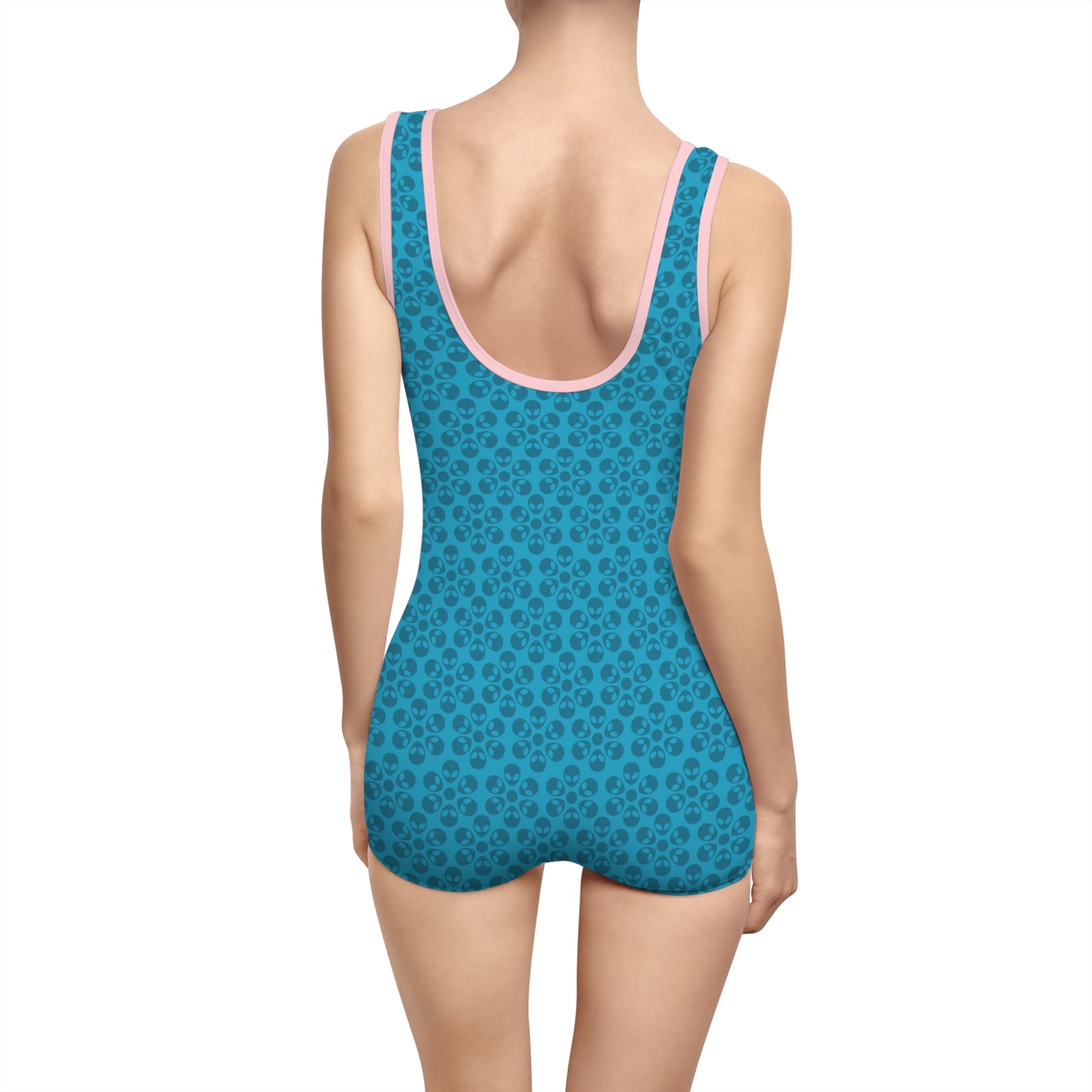 Womens Vintage Swimsuit  Alien Flowers Turquoise