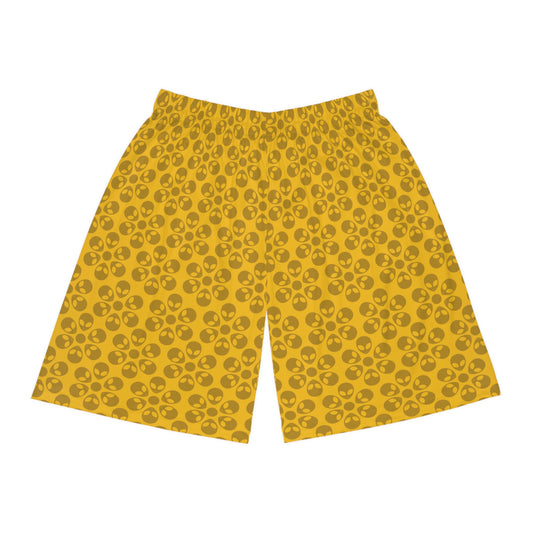 Trendy Skull Pattern Basketball Shorts Summer Activewear Sports Apparel Casual Wear Beach Shorts Gift for Basketball Lovers Alien Flowers Yellow