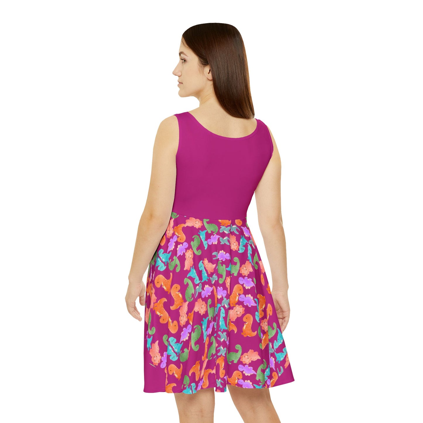 Colorful Dino Womens Skater Dress Summer Outfit Party Dress Casual Dress Boho Dress Festival Wear Rainbow Dinos Pink