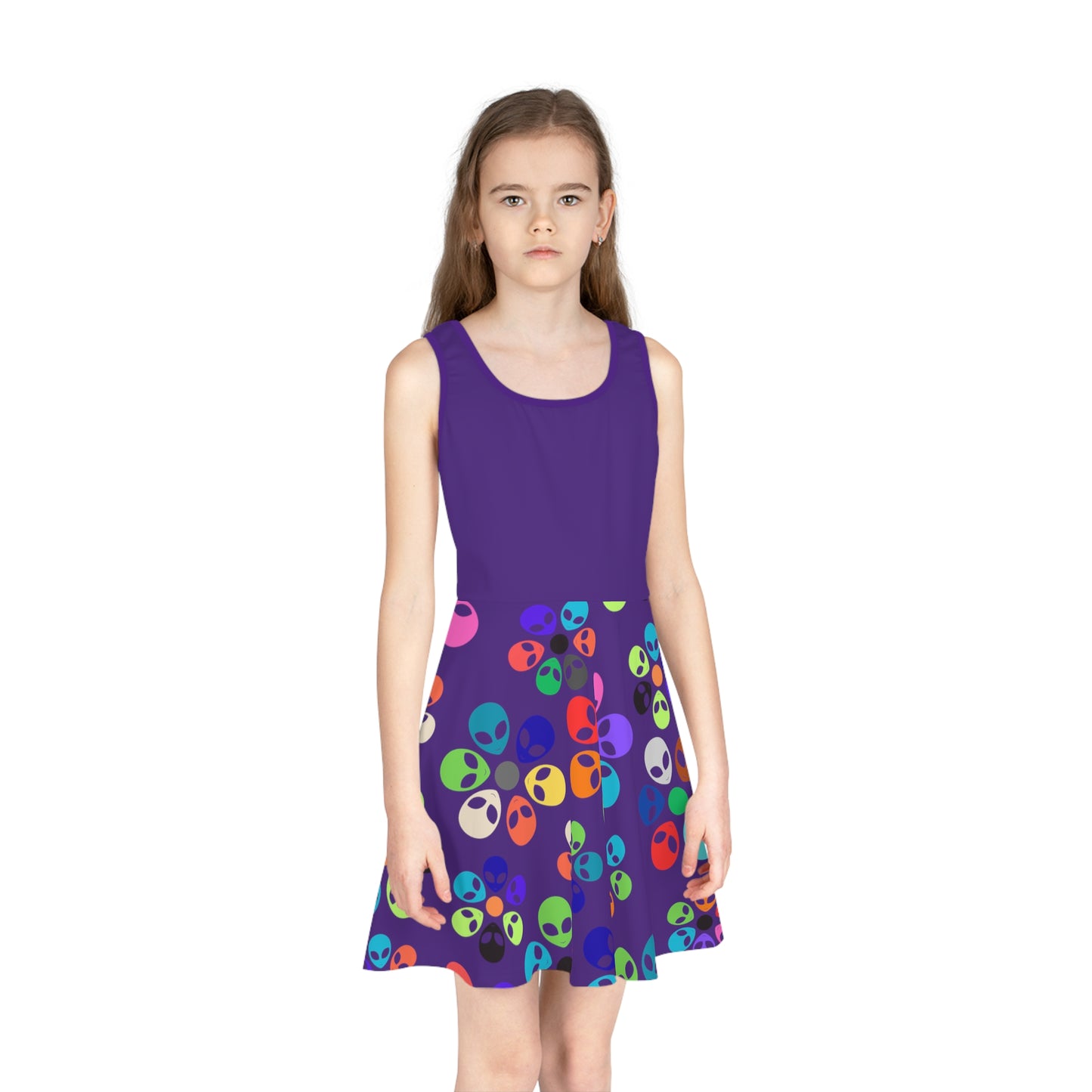 Colorful Alien Print Girls Sundress Summer Dress Kids Fashion Birthday Outfit Playful Dress Unique Gifts for Girls Alien Rainbow Flowers Purple