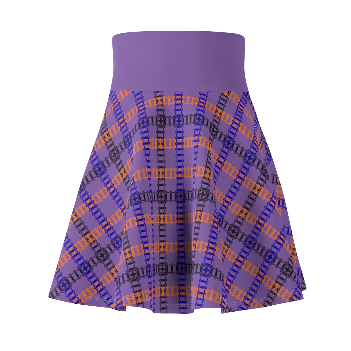 Stylish Womens Plaid Skater Skirt Trendy AOP Skirt Casual Everyday Wear Festive Outfit Summer Fashion 90s Vintage Inspired Train Tracks Light Purple