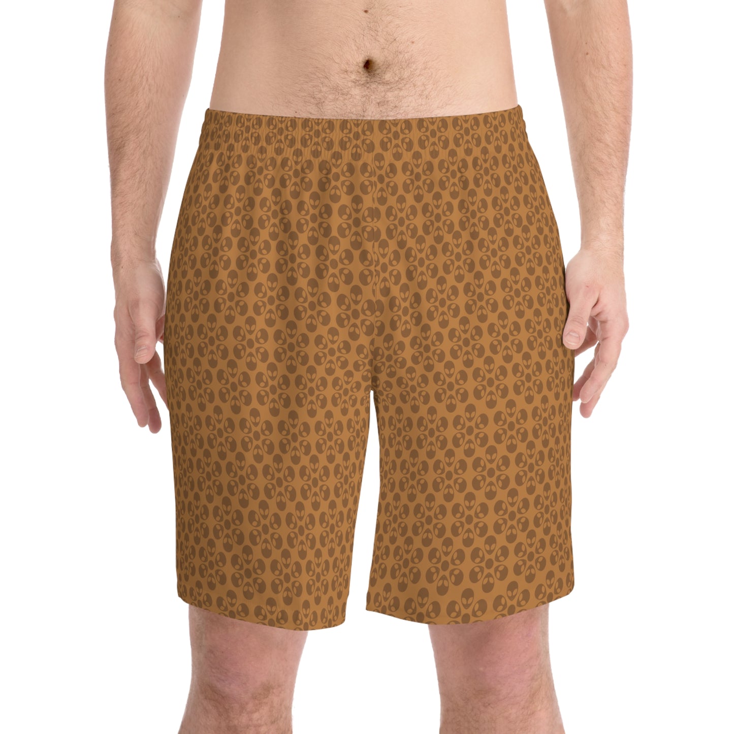 Mens Elastic Beach Shorts  Alien Flowers Light Brown