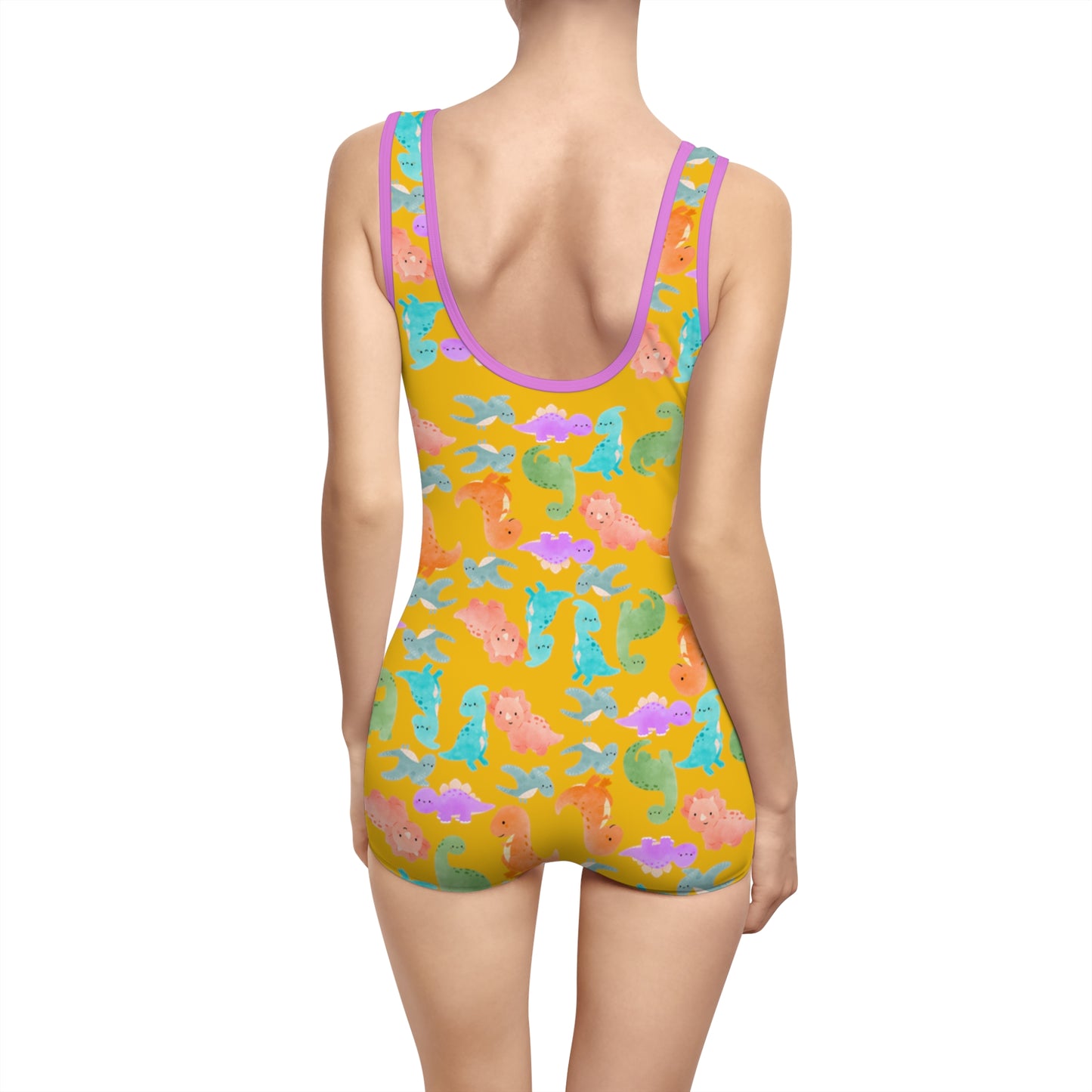 Vintage Dino Print Womens Swimsuit Retro Bathing Suit Summer Beachwear Pool Party Outfit Unique Swimwear Gift  Rainbow Dinos Yellow