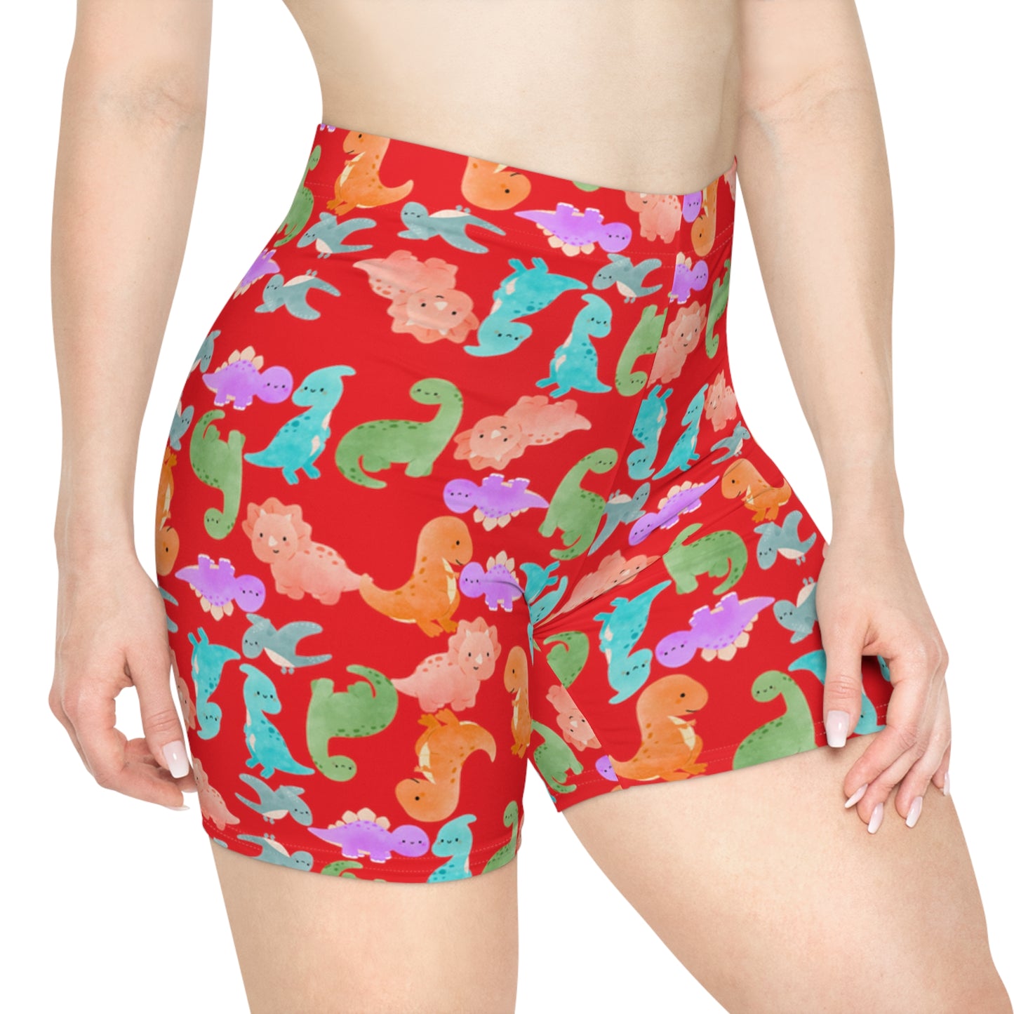 Colorful Dinosaur Womens Biker Shorts  AOP Perfect for Casual Wear workout Summer Birthdays Playdates Unique Gift Rainbow Dinos Red