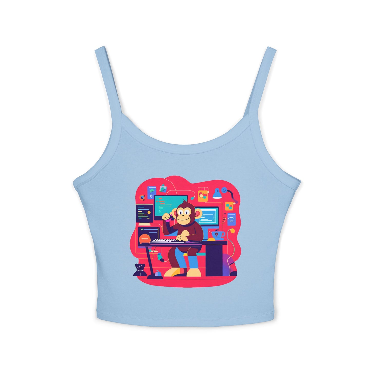 Playful Monkey Graphic Spaghetti Strap Tank Top - Fun Casual Wear, Summer Beach, Gift for Animal Lovers, Cute Pajama Top, Creative [...]