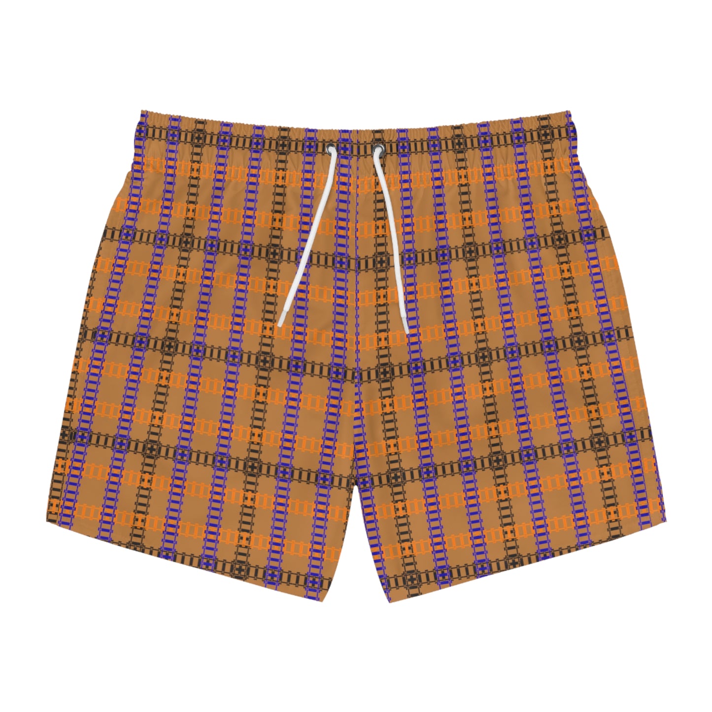 Vibrant Checkered Swim Trunks Beachwear for Summer Fun Vacation Essential Pool Party MustHave Mens Swim Shorts Train Tracks Light Brown